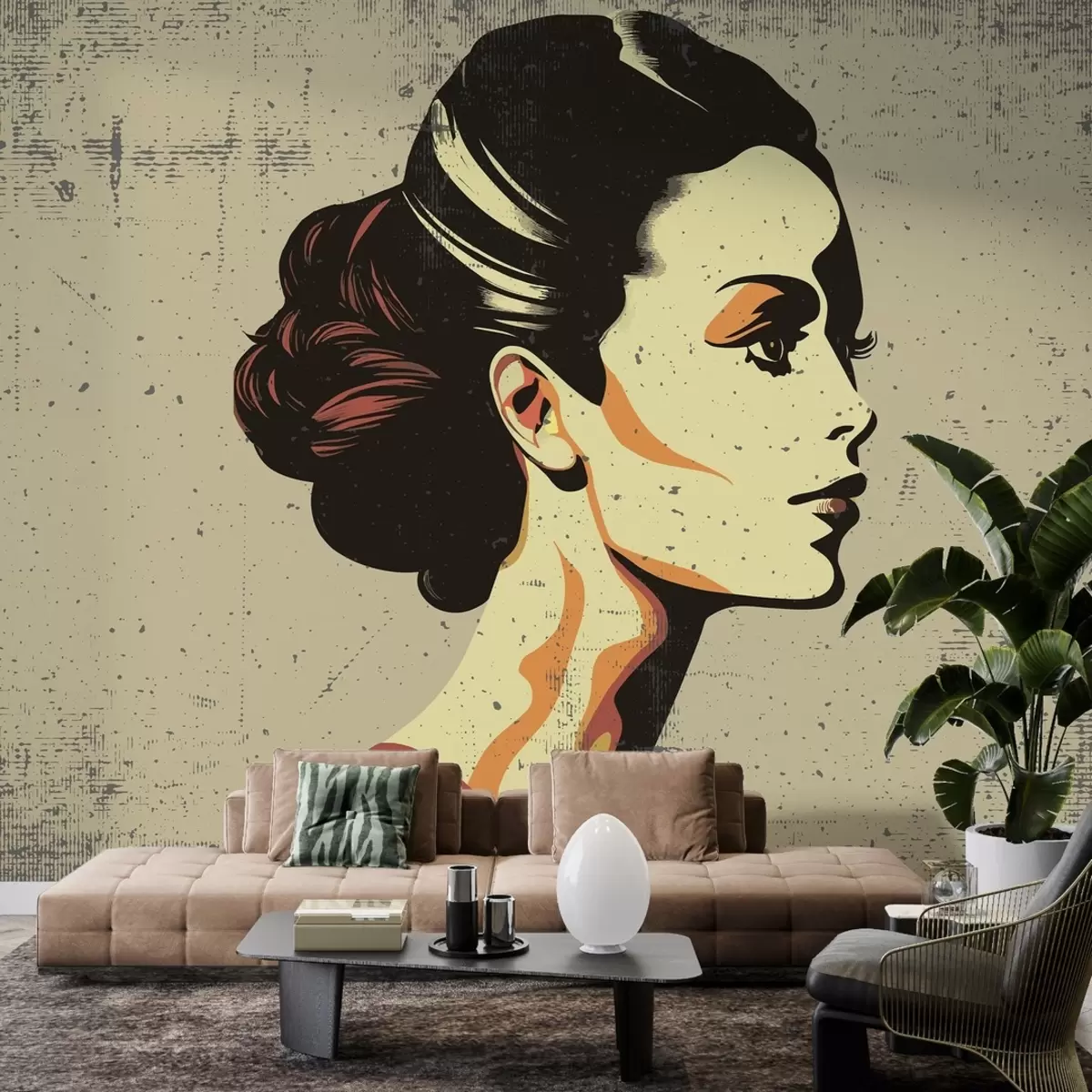 murales de pared Chica retro sobre fondo beige y gris w02055v1