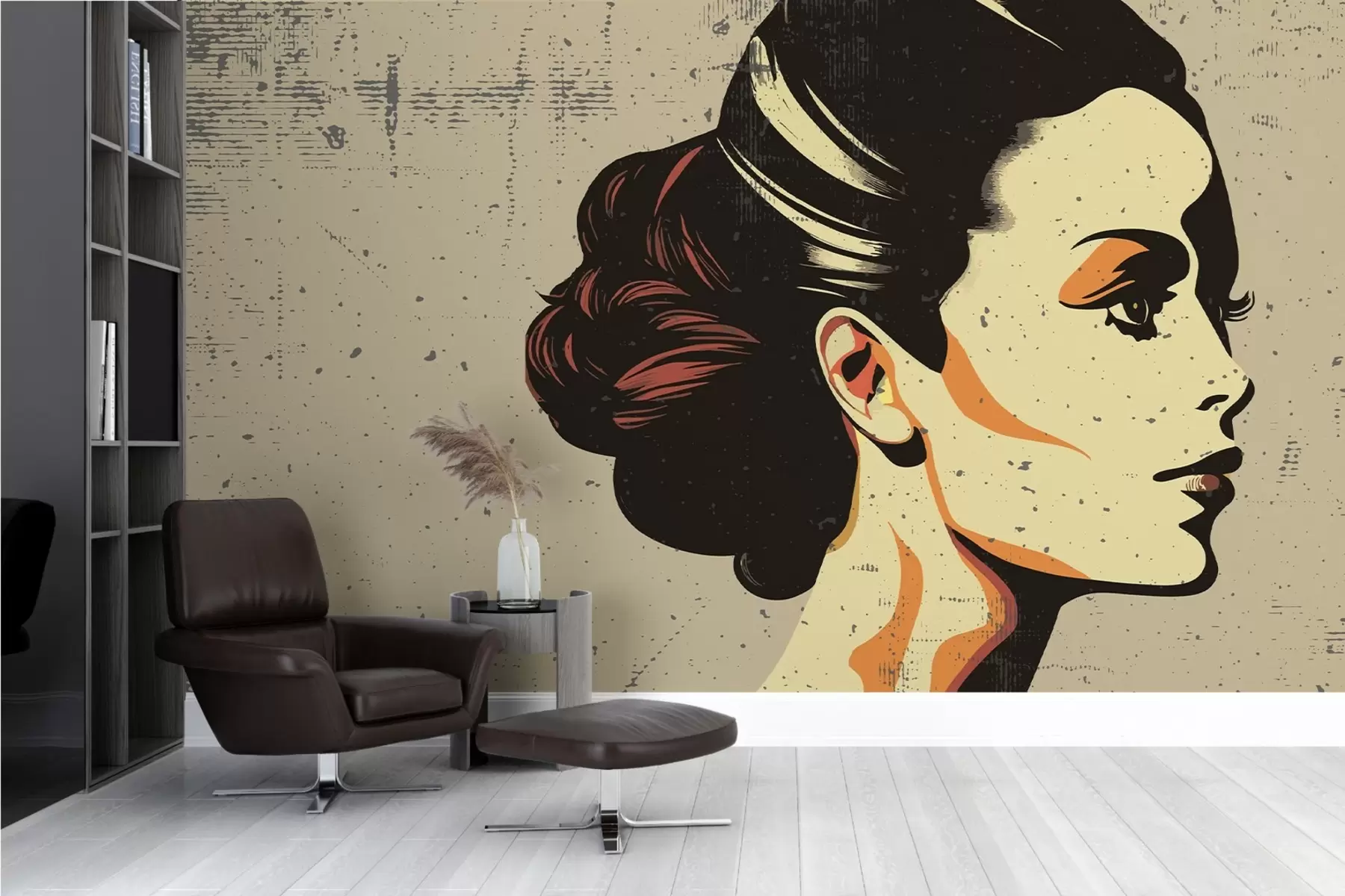 murales de pared Chica retro sobre fondo beige y gris w02055v1