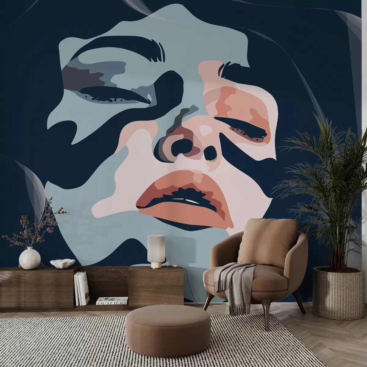 murales de pared Cara de niña sobre fondo azul, pintada con colores w02060