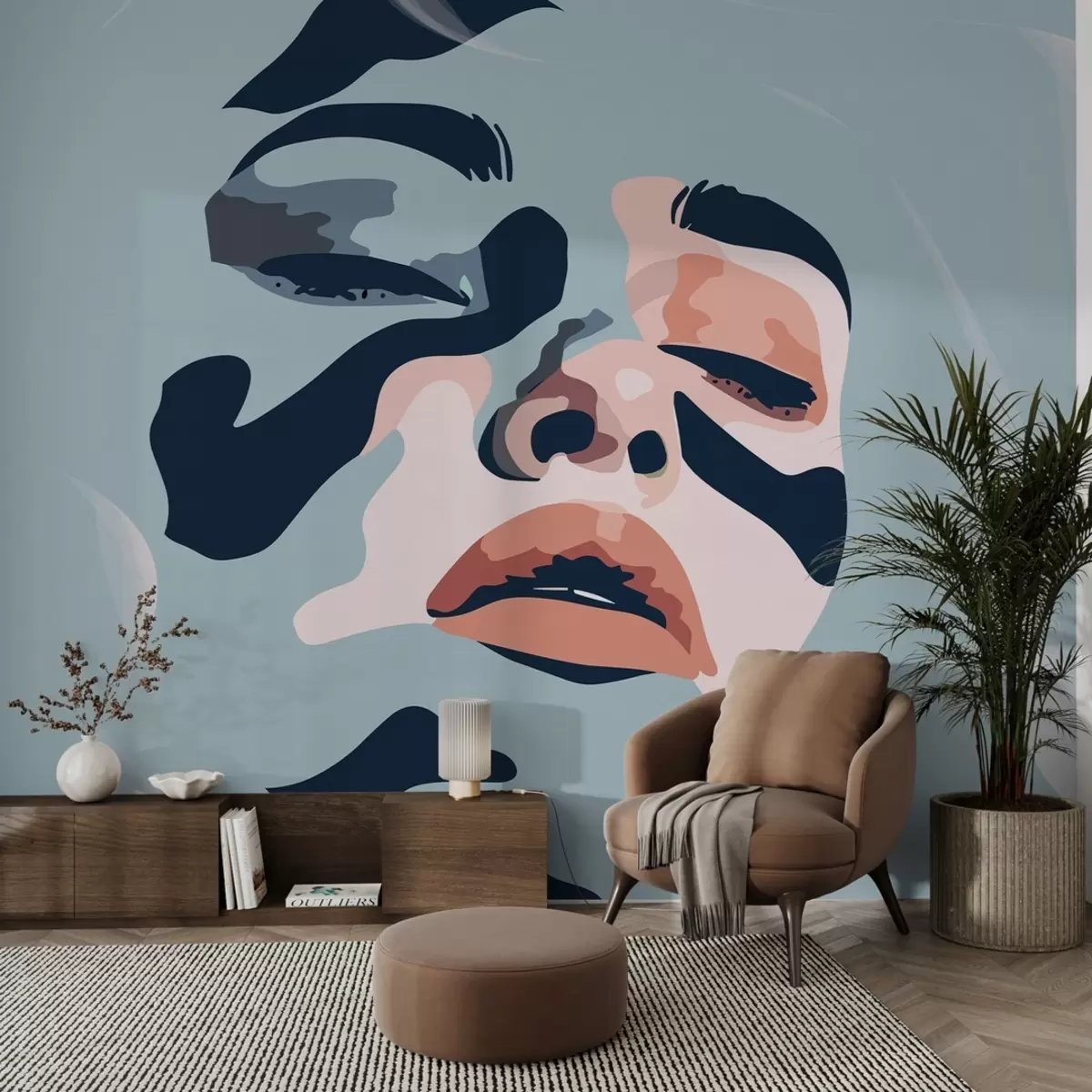 murales de pared Cara de niña sobre fondo azul, pintada con colores w02060v1
