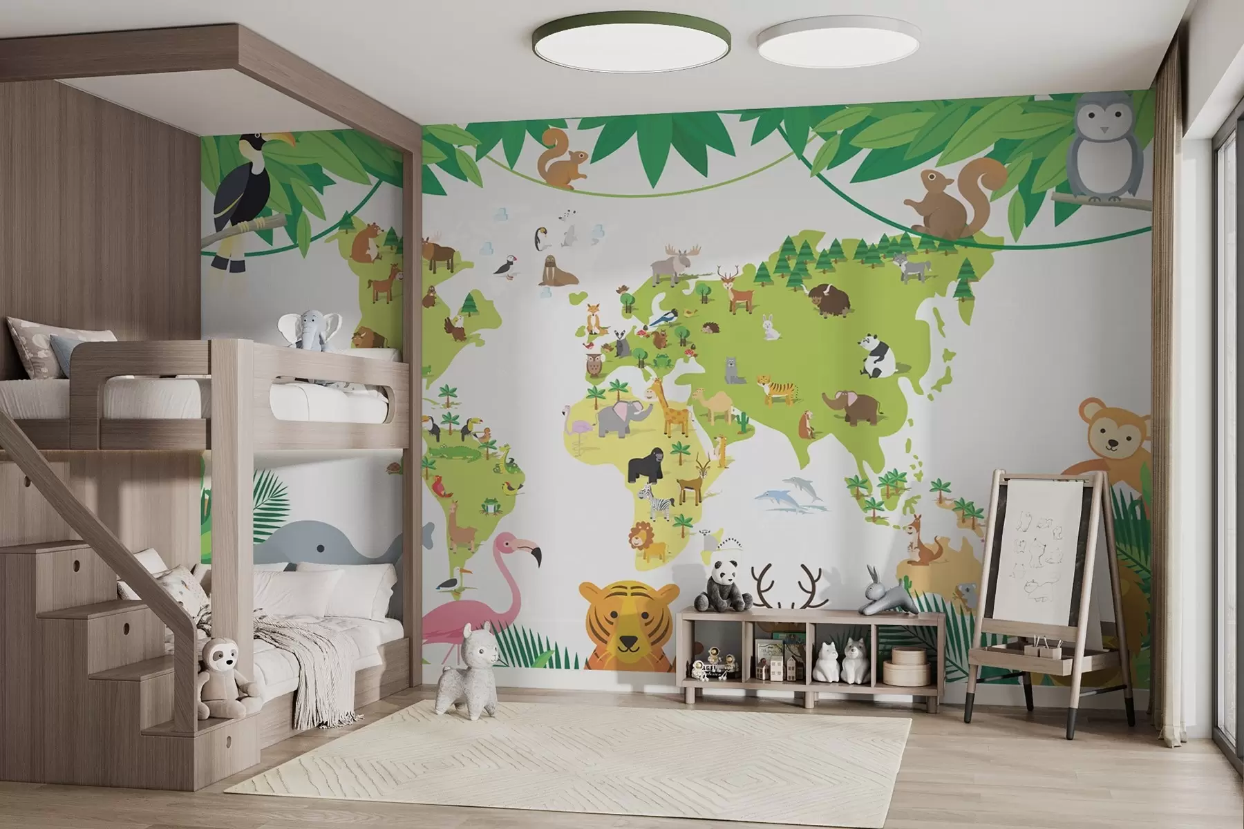 murales de pared Mapamundi con fauna diversa w00400