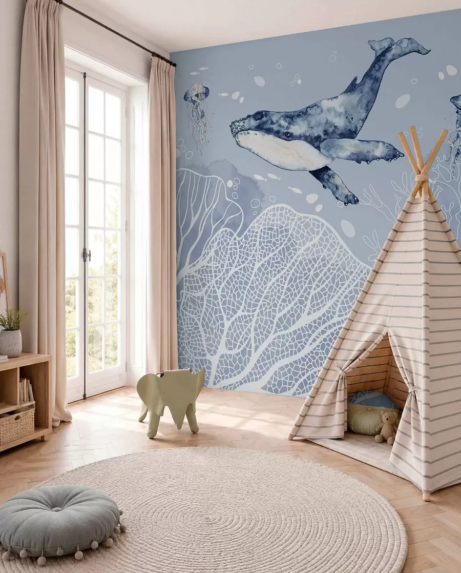 murales de pared Ballena sobre coral blanco w00848