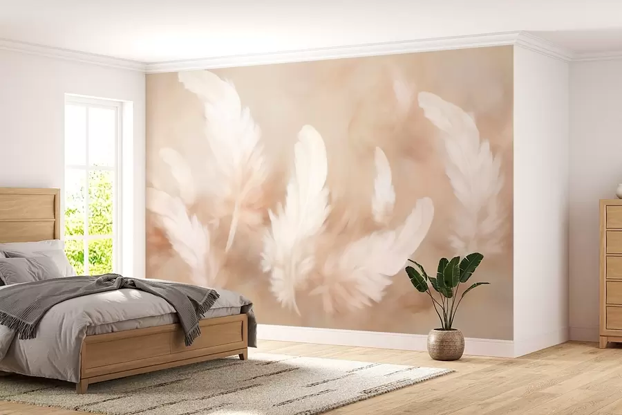 murales de pared Plumas vaporosas en suaves tonos beige w02032