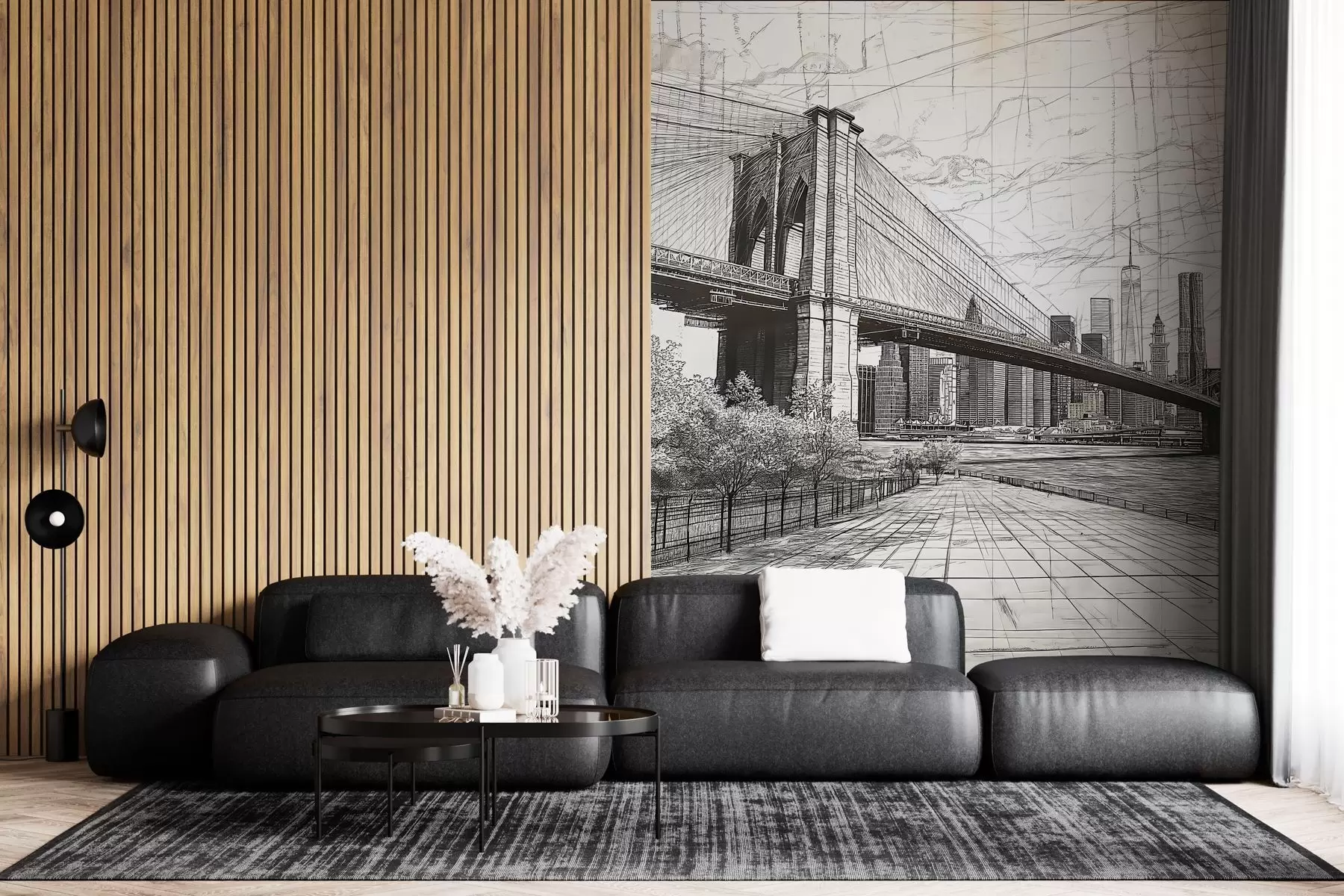 murales de pared Panorama del puente de Brooklyn realizado con una técnica retro abocetada con líneas y arañazos w01961