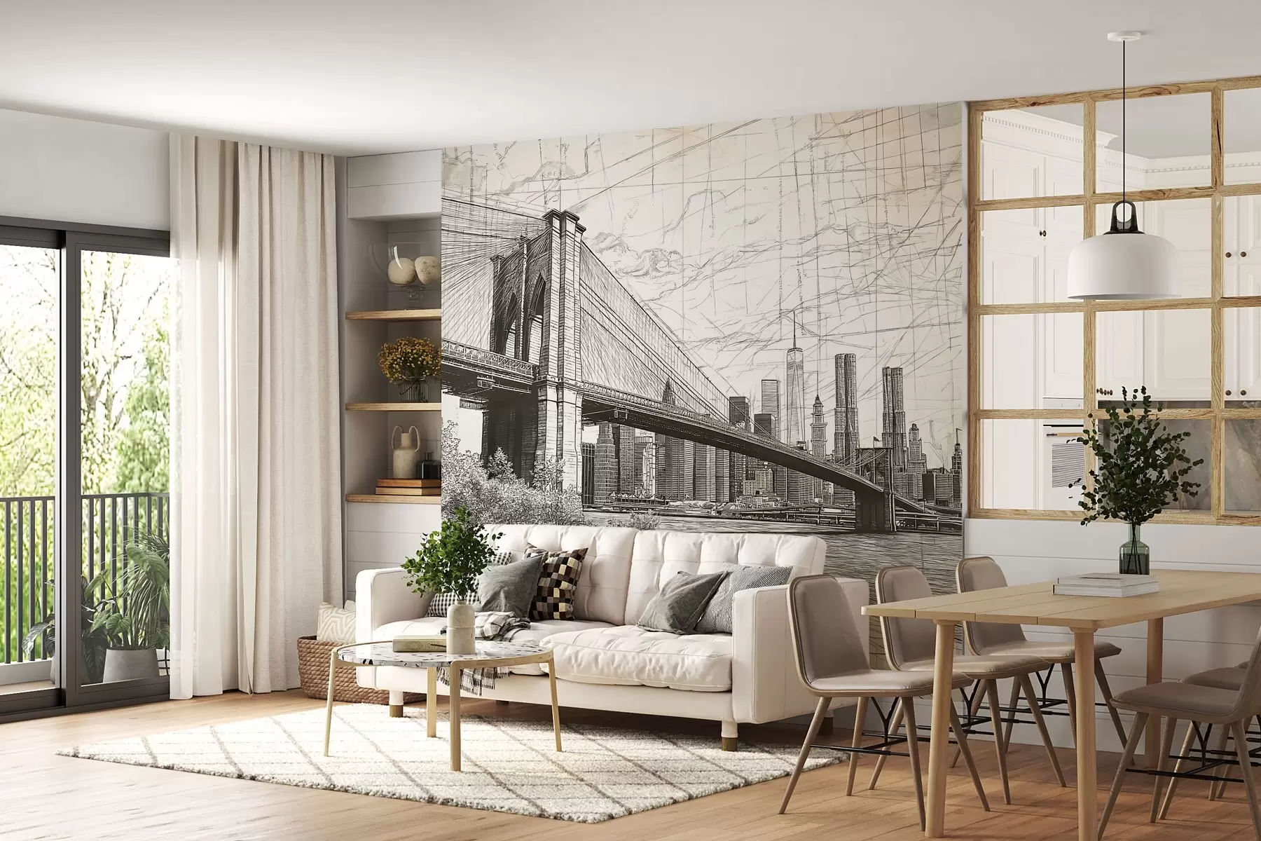 murales de pared Panorama del puente de Brooklyn realizado con una técnica retro abocetada con líneas y arañazos w01961