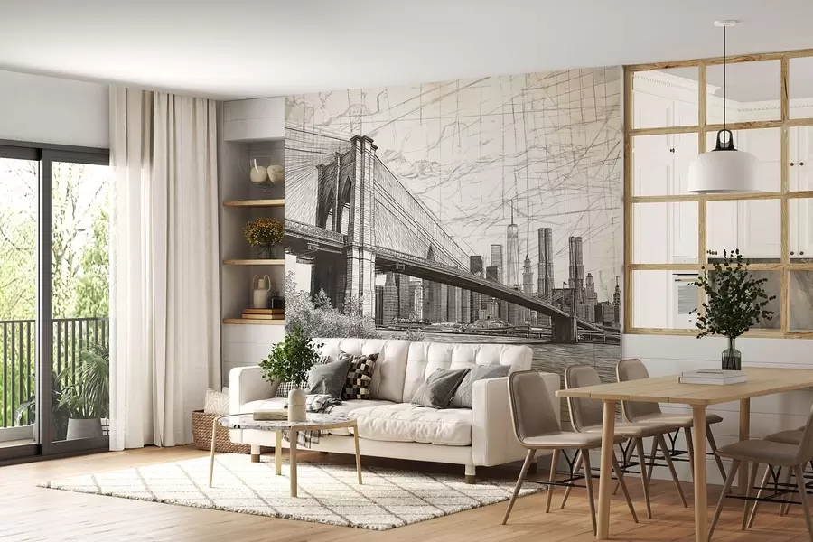 murales de pared Panorama del puente de Brooklyn realizado con una técnica retro abocetada con líneas y arañazos w01961