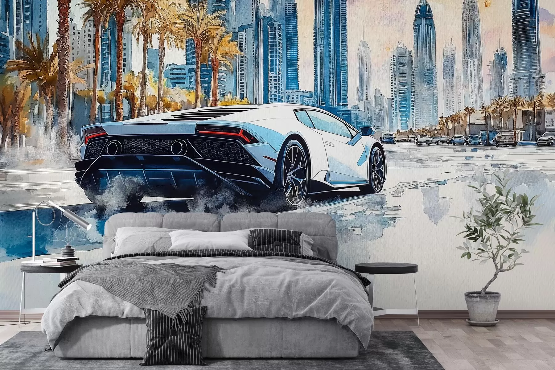 murales de pared Un moderno coche deportivo blanco corriendo sobre un fondo de palmeras y rascacielos en técnica de acuarela libre w01963