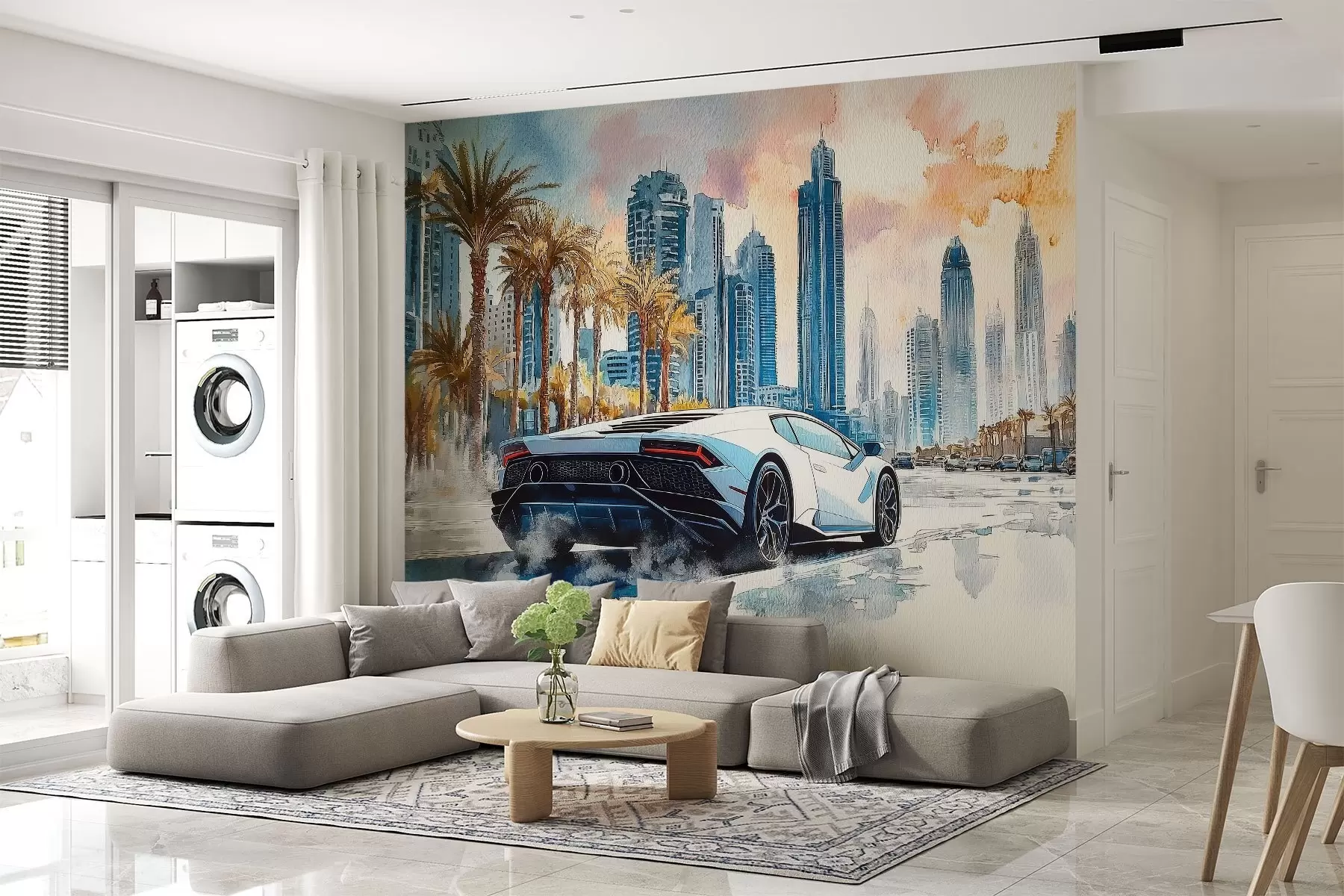 murales de pared Un moderno coche deportivo blanco corriendo sobre un fondo de palmeras y rascacielos en técnica de acuarela libre w01963