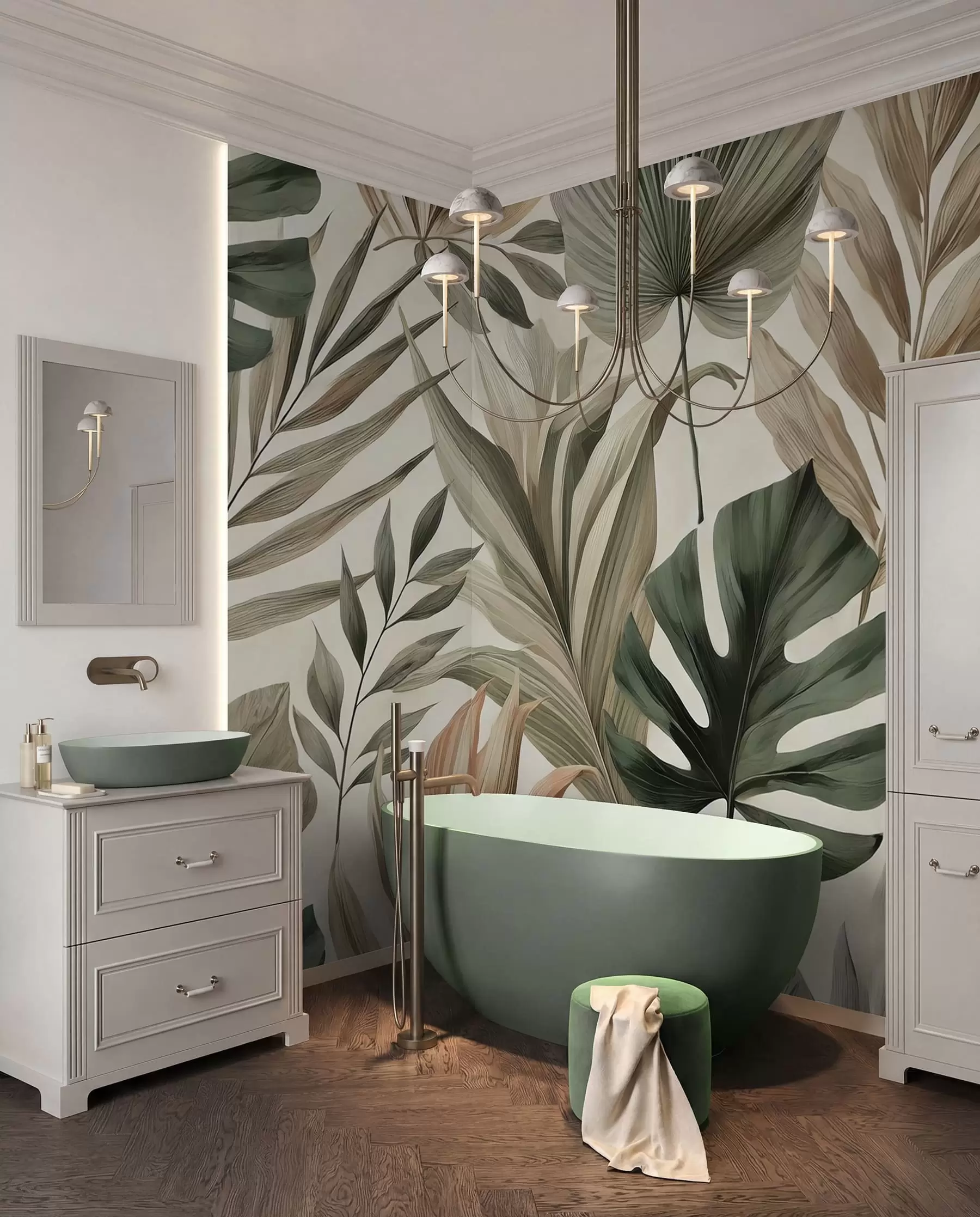 murales de pared Grandes hojas tropicales en delicados y sobrios tonos pastel w02082