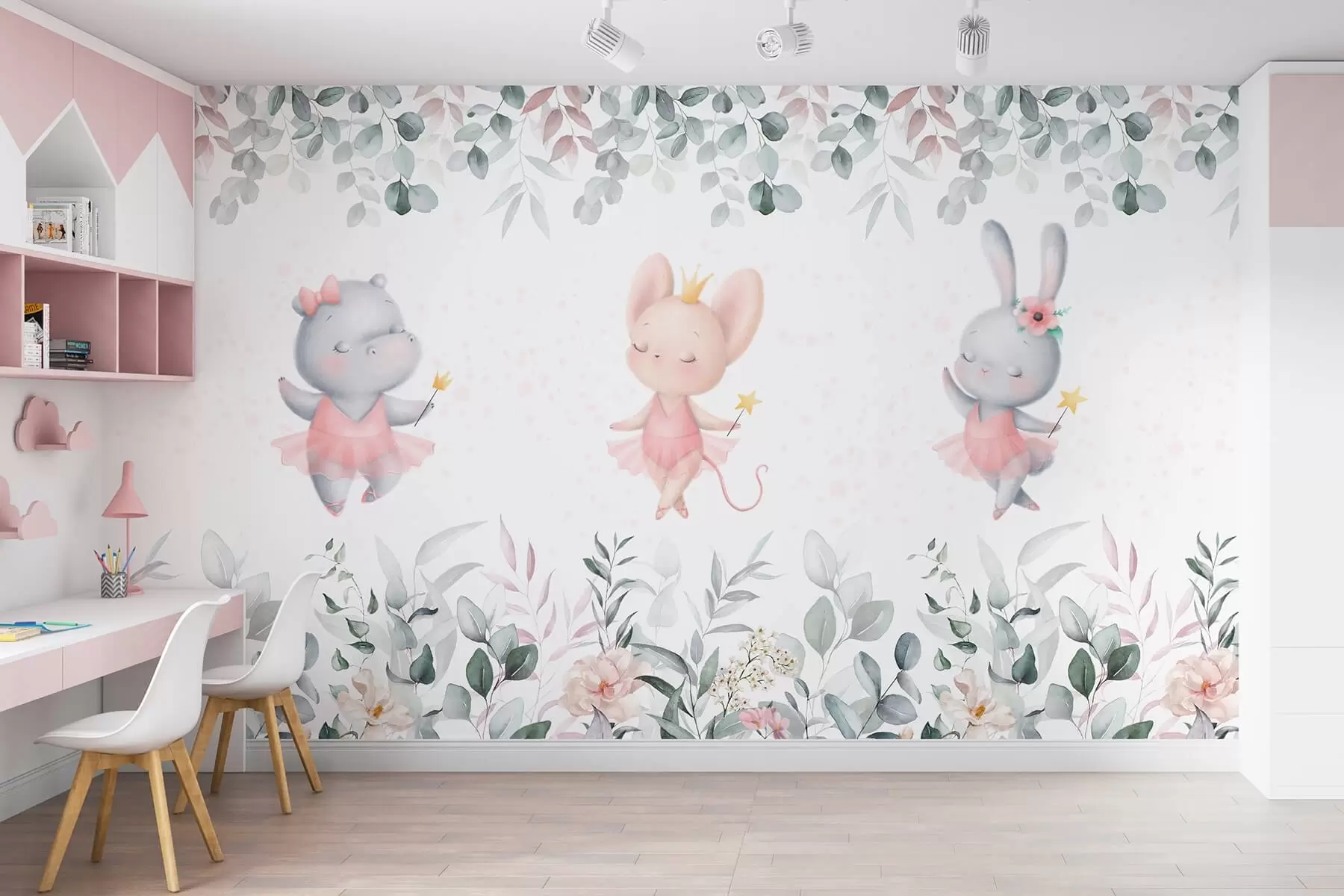 murales de pared Simpáticas bailarinas entre flores w01551