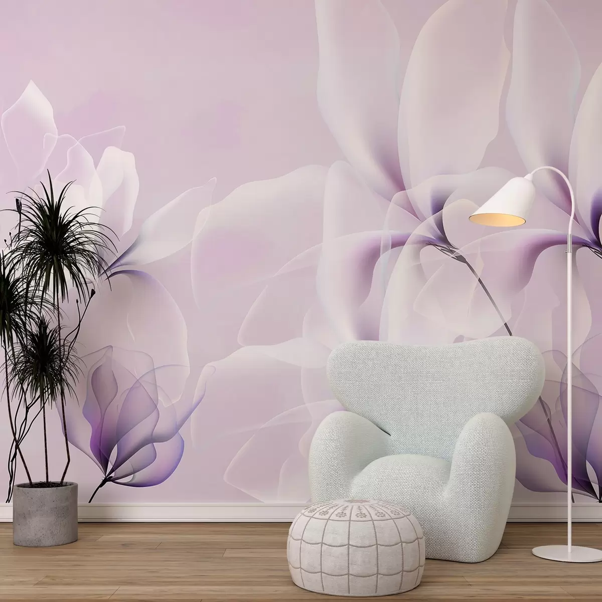 murales de pared flores grandes translúcidas sobre fondo rosa w02092