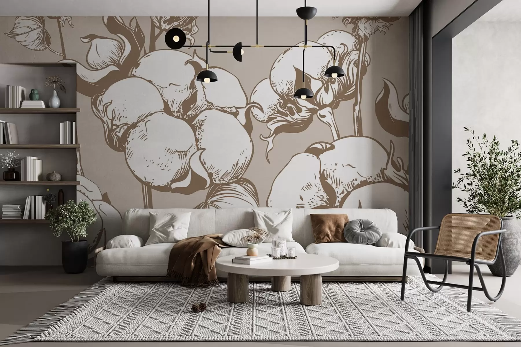 murales de pared Flores de algodón sobre un delicado fondo beige y marrón w02097v2