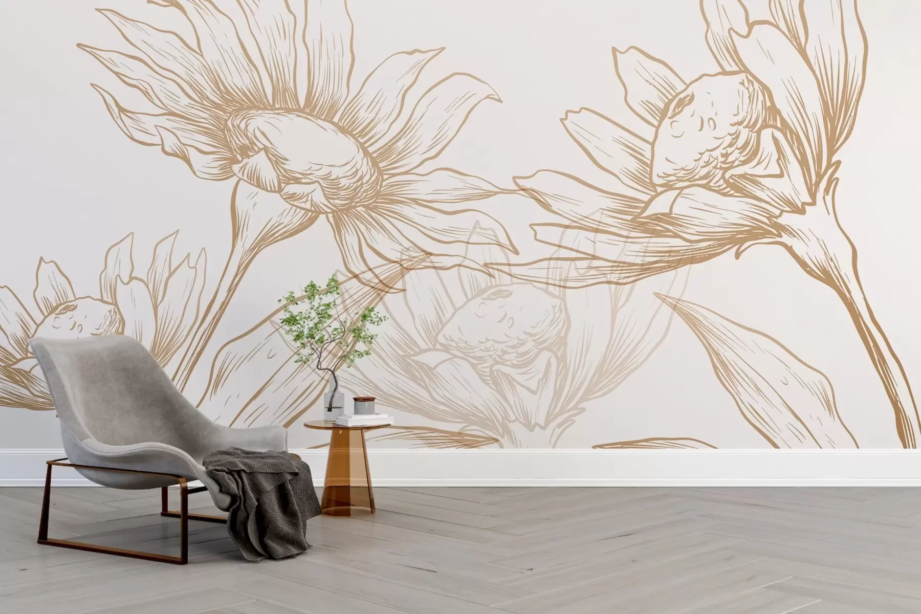 murales de pared Grandes flores de crisantemo, en líneas, en tonos marrones y amarillos w02099v1