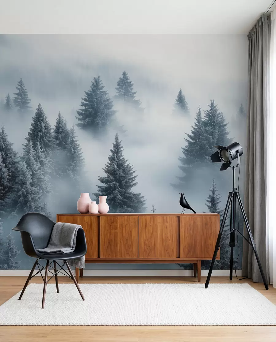 murales de pared Coníferas en la niebla azul w02064