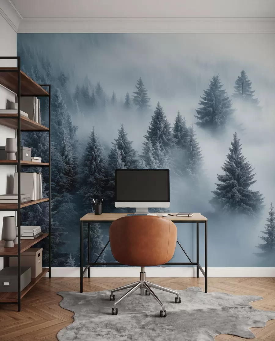 murales de pared Coníferas en la niebla azul w02064