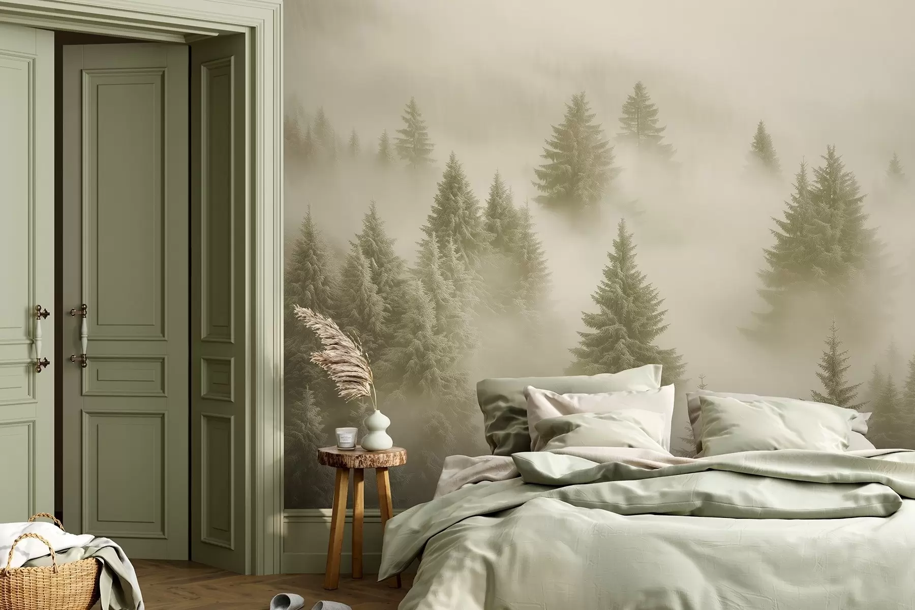 murales de pared Espesa niebla que envuelve un bosque nevado por la mañana en suaves tonos verdes w02064v2