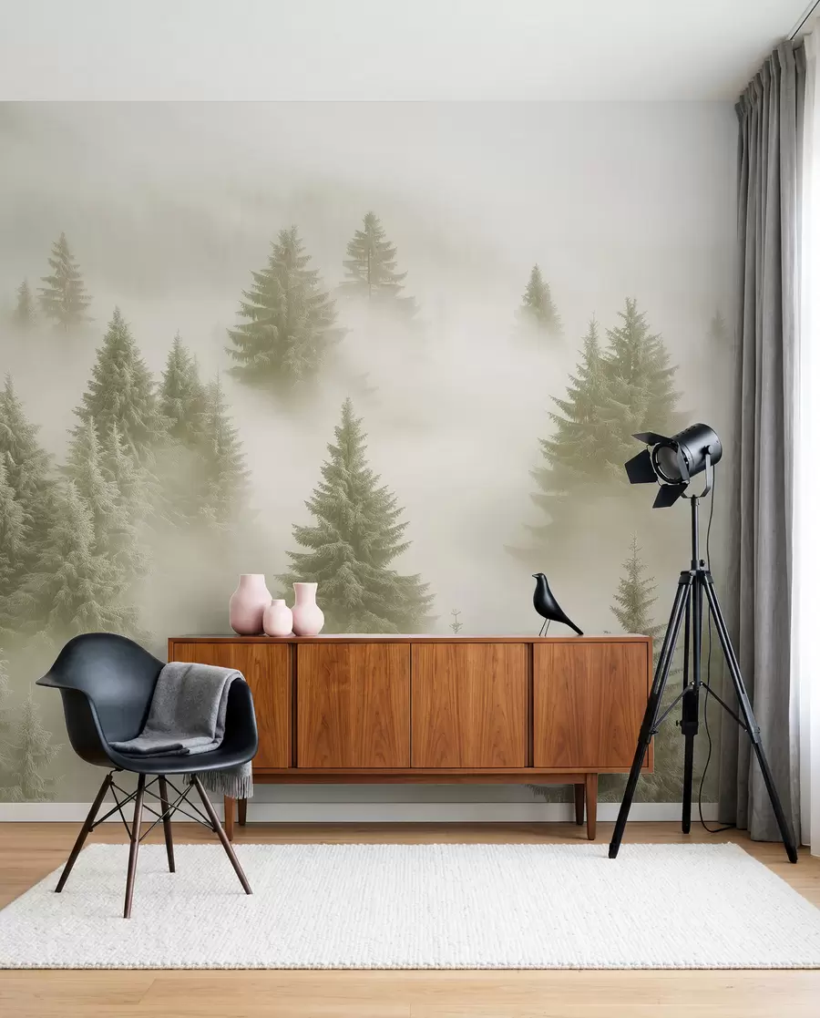 murales de pared Coníferas en niebla oliva w02064v2