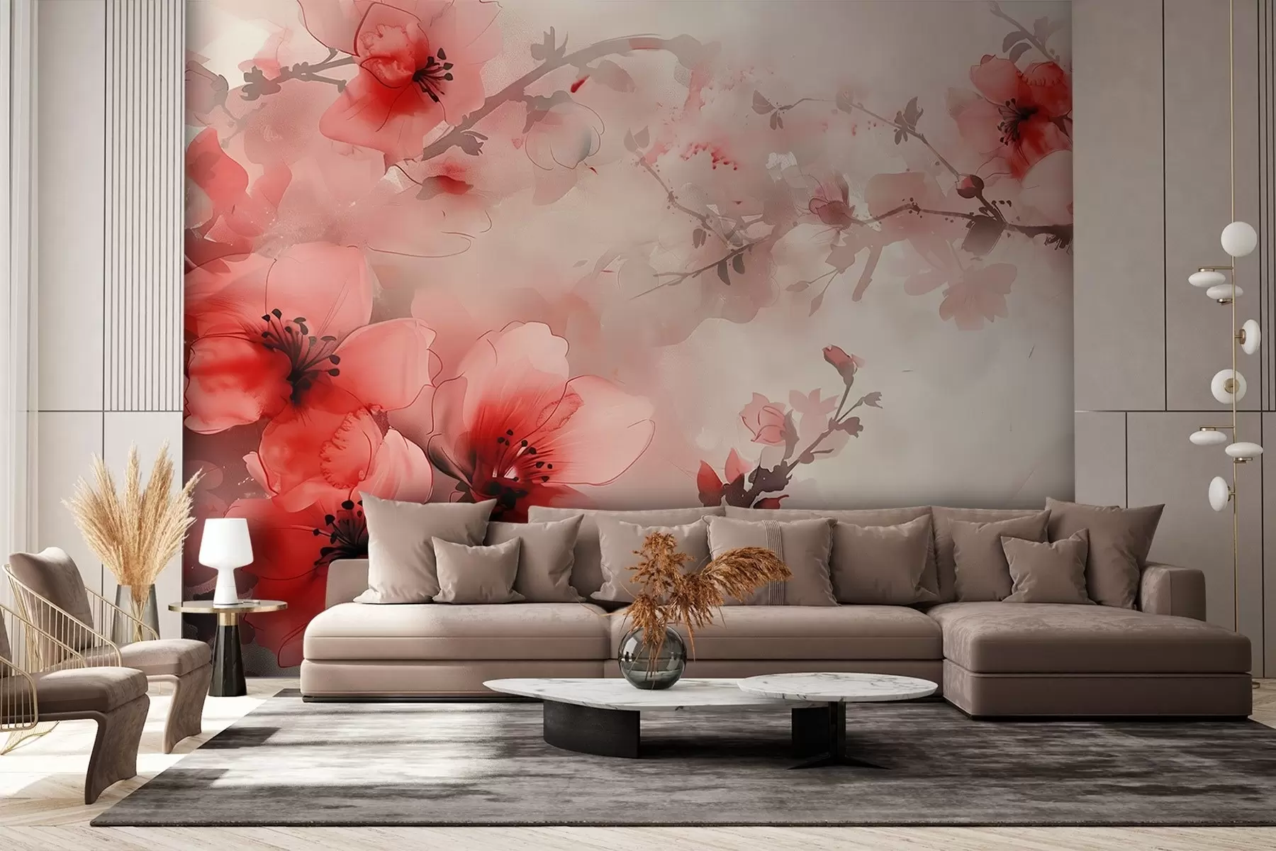 murales de pared Composición en acuarela de flores rojas sobre ramas oscuras w02068v2