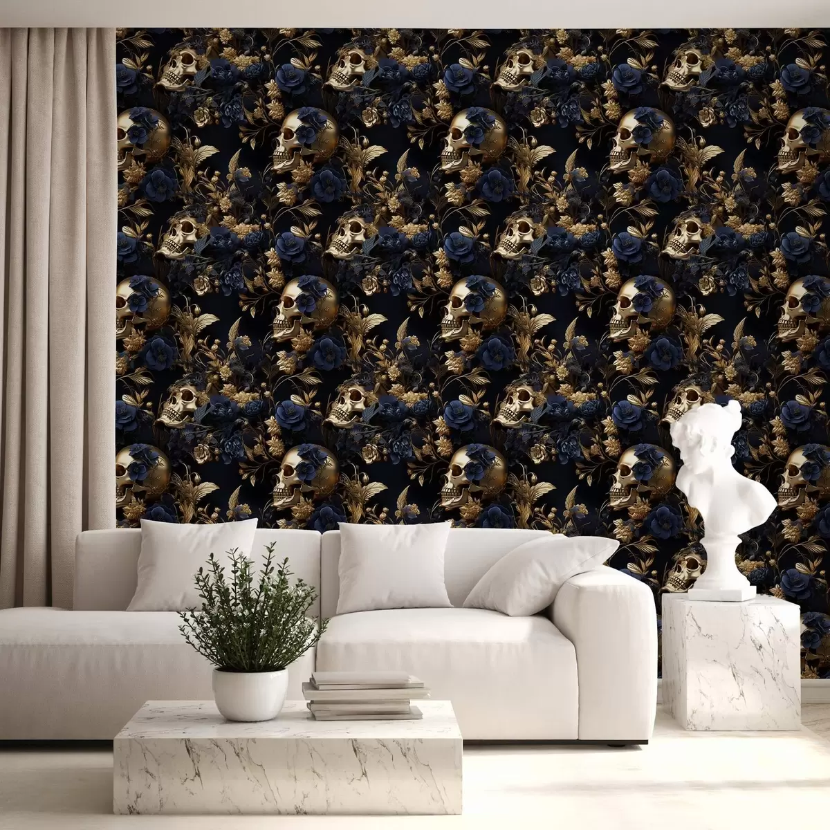 murales de pared Papel pintado de estilo lujoso con motivos de calaveras metálicas amarillas y flores oscuras w02085