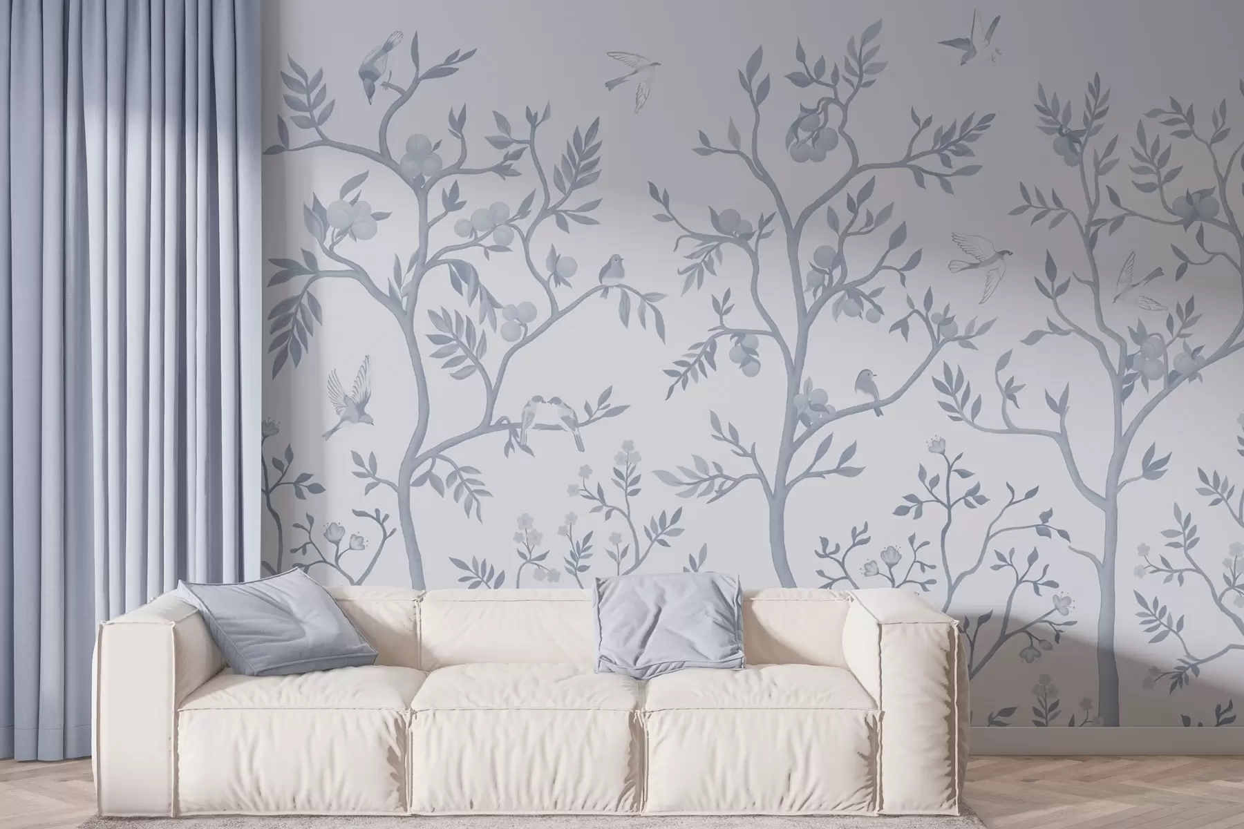 murales de pared Diseño Chinoiserie con pájaros, árboles sinuosos, frutas y flores en color azul w02128v2