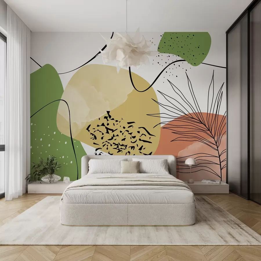 murales de pared Abstracción de manchas y líneas, geométricas, verdes, rojas, amarillas w02168