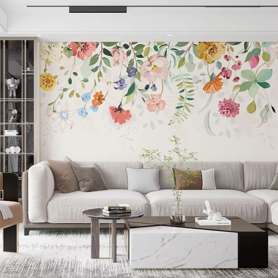 murales de pared flores y hojas de colores brillantes en la parte superior w02201