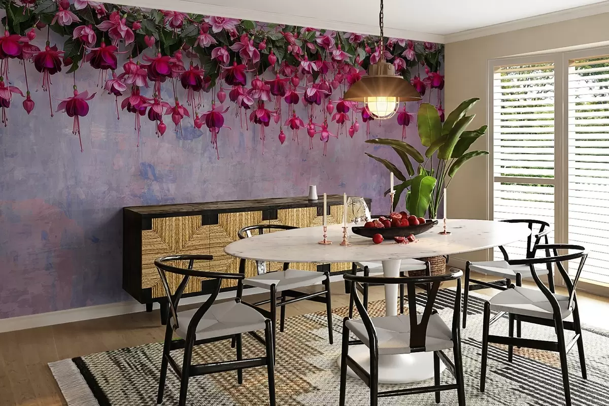 murales de pared Grandes flores fucsias colgando desde arriba sobre el fondo de una pared retro con imitación de rozaduras w02132