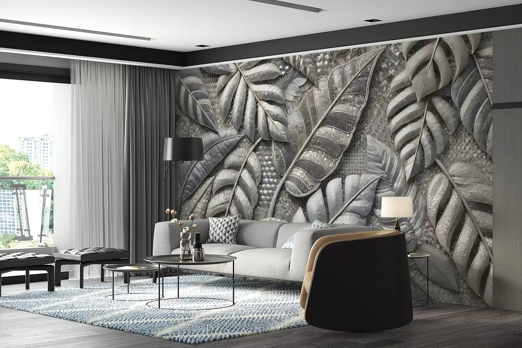 murales de pared Grandes hojas tropicales en delicados tonos plateados, en estilo mosaico texturizado w02135