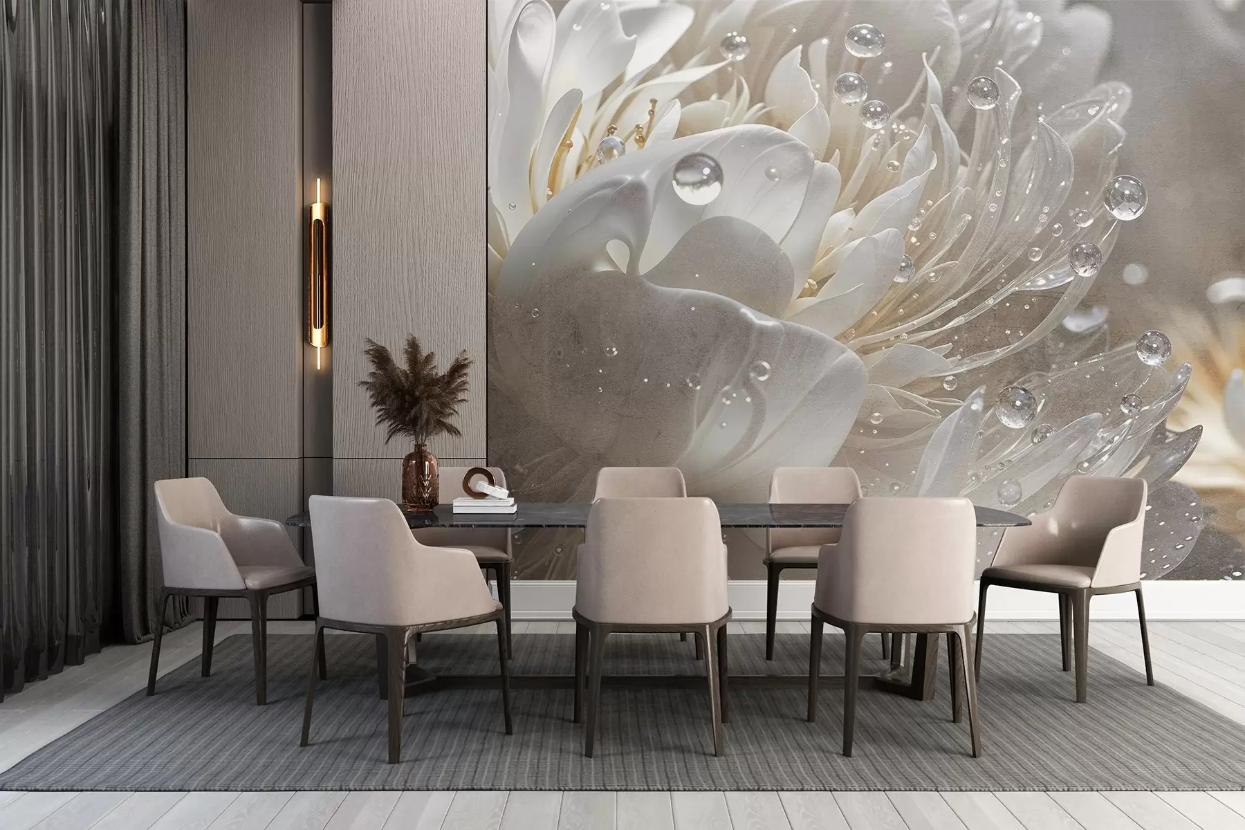 murales de pared Primer plano de una flor de peonía beige con gotas de agua en sus delicados pétalos, creando una atmósfera suave w08402