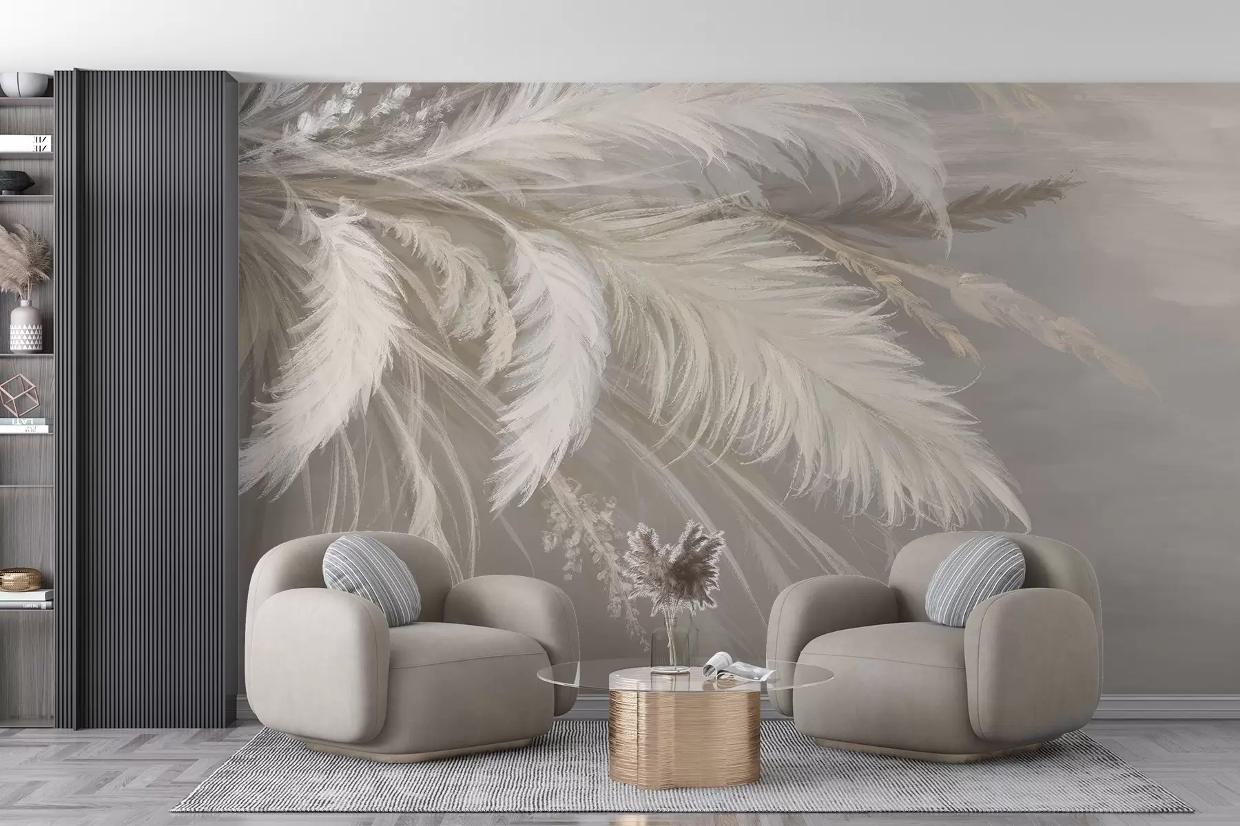 murales de pared Suaves y esponjosas plumas blancas y flores secas sobre un fondo neutro beige pastel w08403