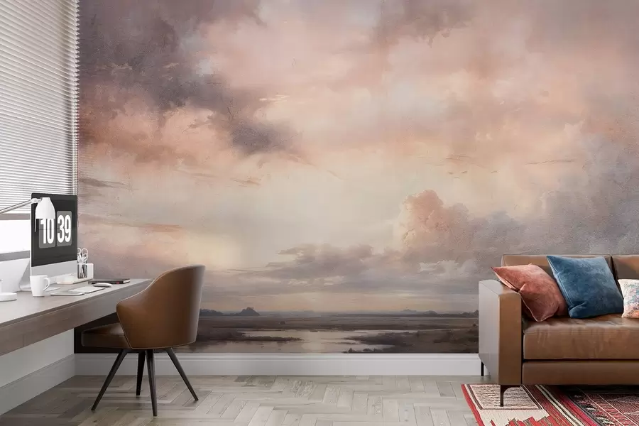 murales de pared Impresión con textura de paisaje dramático de cielo nublado sobre un tranquilo lago al atardecer, con colinas visibles en la distancia w08409