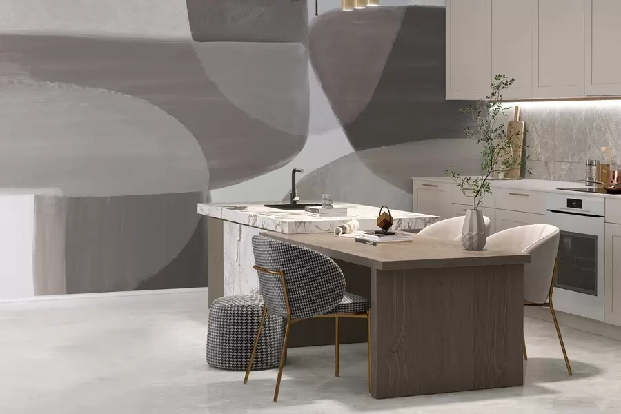 murales de pared Un estampado abstracto monocromo con formas minimalistas superpuestas en tonos grises y beige. w08410v1