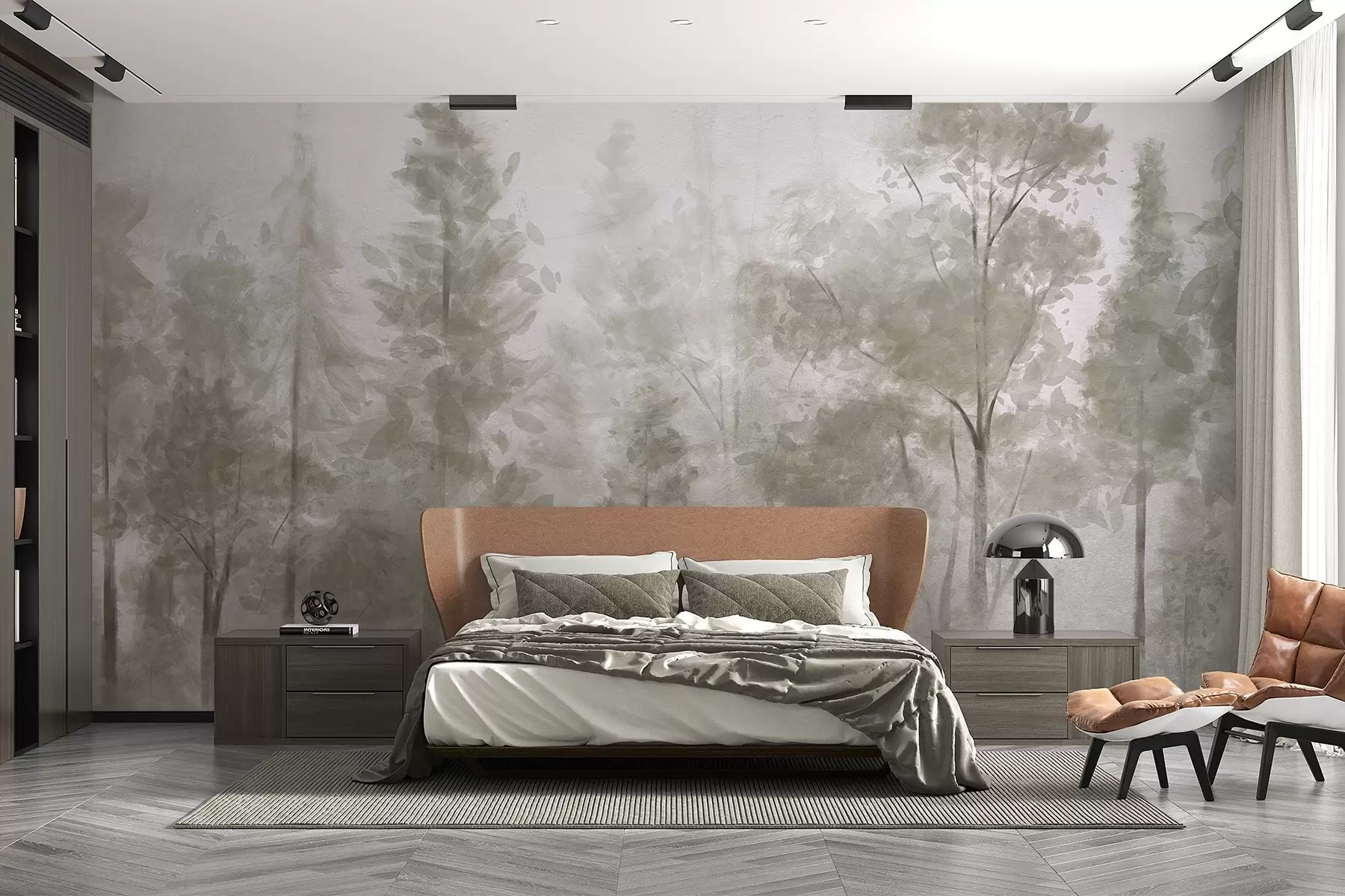 murales de pared Altos pinos texturizados en un bosque brumoso, con una atmósfera neblinosa y brumosa w08411