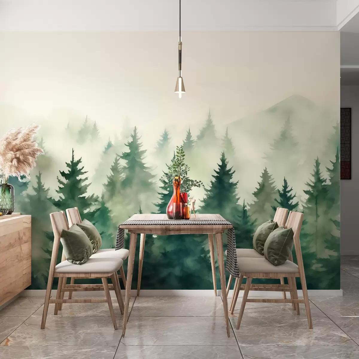 murales de pared Bosque brumoso en suaves tonos verdes w02161