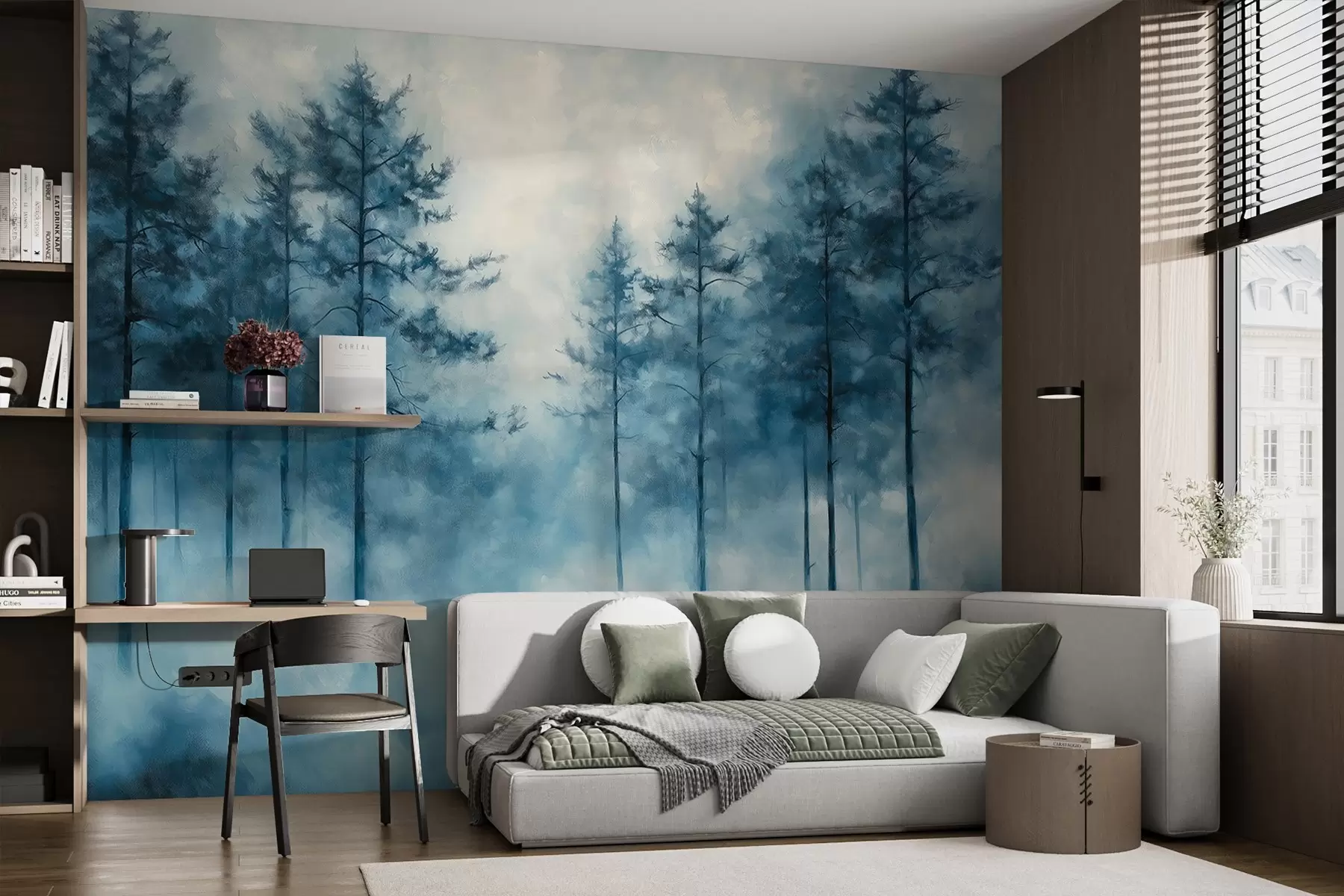 murales de pared Bosque místico, pinos, niebla, pintura acrílica, colores azul oscuro w02149