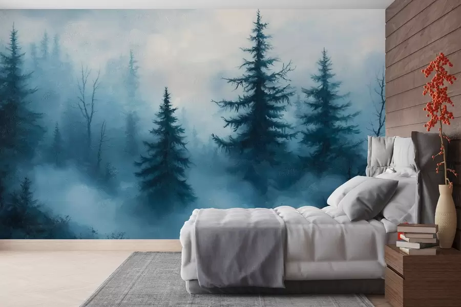 murales de pared Bosque azul oscuro, pintura al óleo, pinceladas, naturaleza w02153