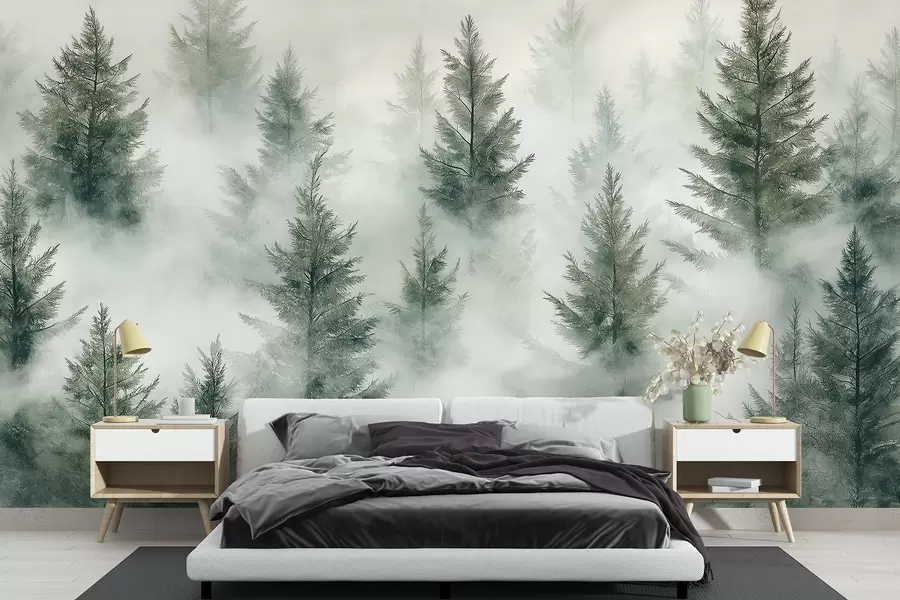 murales de pared Hermoso bosque con pinos, niebla, paisajes de naturaleza, colores verdes w02222