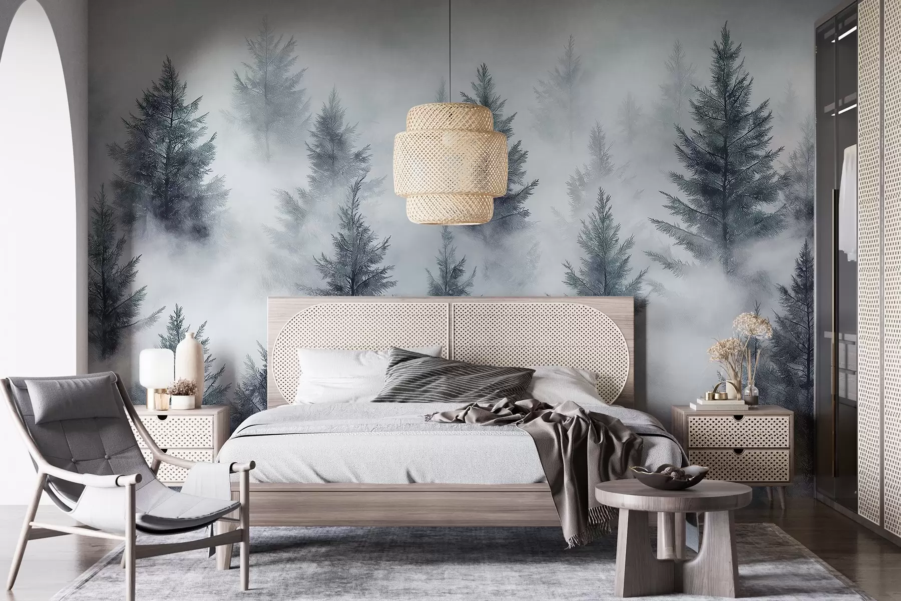 murales de pared Hermoso bosque con pinos, niebla, paisajes de naturaleza, colores grises w02222v2