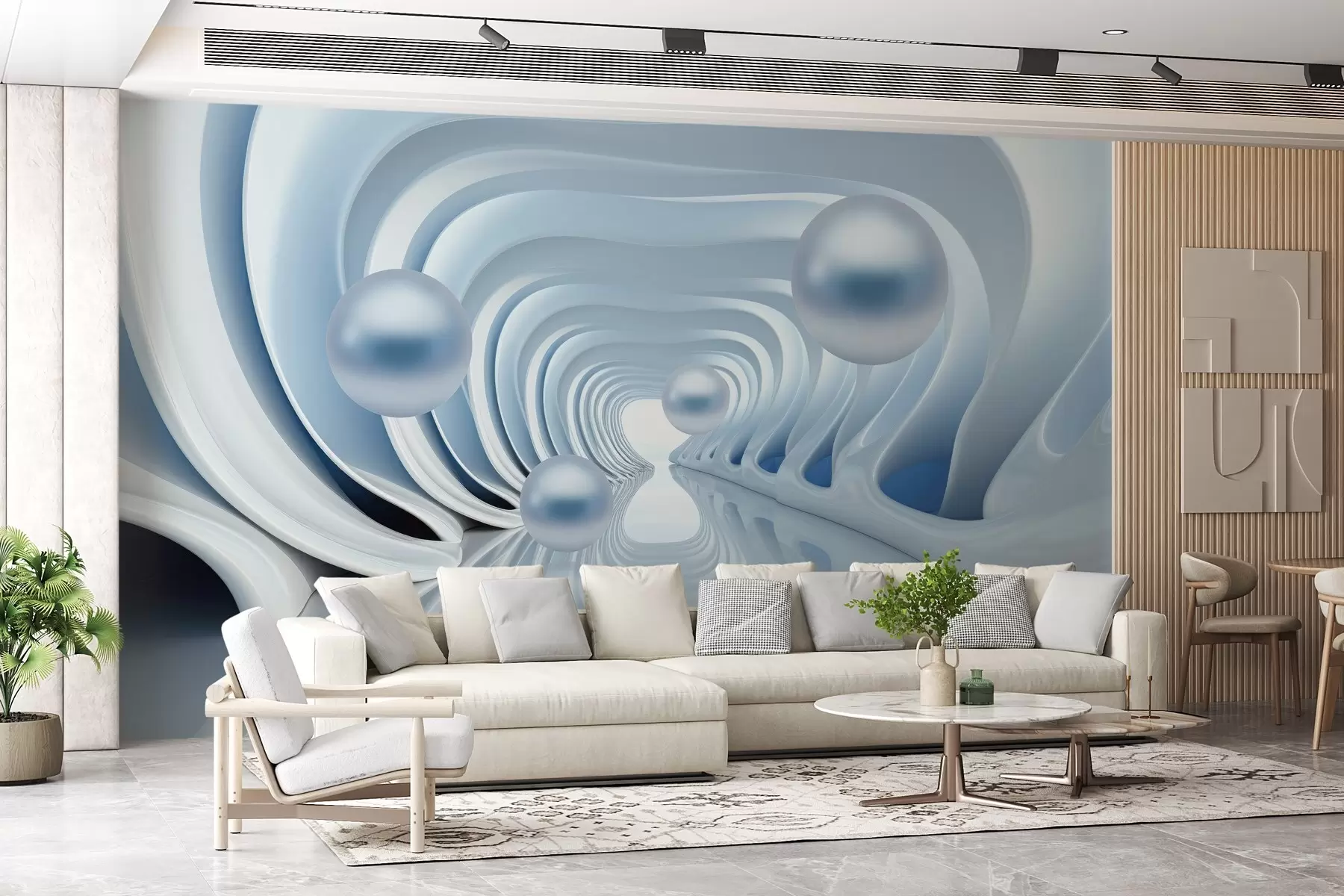 murales de pared Papel pintado futurista con una panorámica del túnel en perspectiva y perlas voladoras w02134