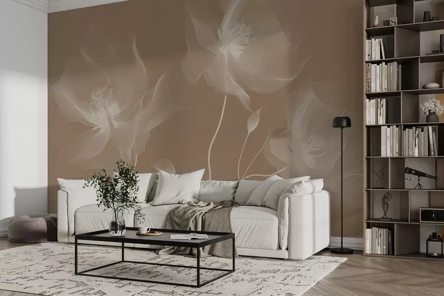 murales de pared Tres graciosas flores de pétalos translúcidos, entrelazadas con cintas de luz y viento en sepia w01932v1