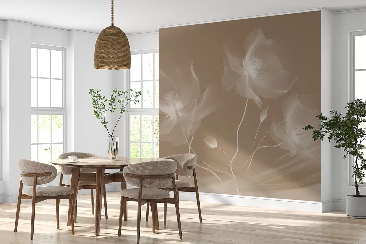 murales de pared Tres graciosas flores de pétalos translúcidos, entrelazadas con cintas de luz y viento en sepia w01932v1