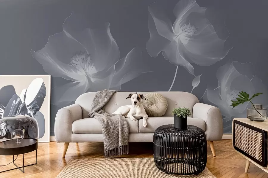 murales de pared Tres gráciles flores de pétalos translúcidos, entrelazadas con cintas de luz y viento en tonos azules w01932v2