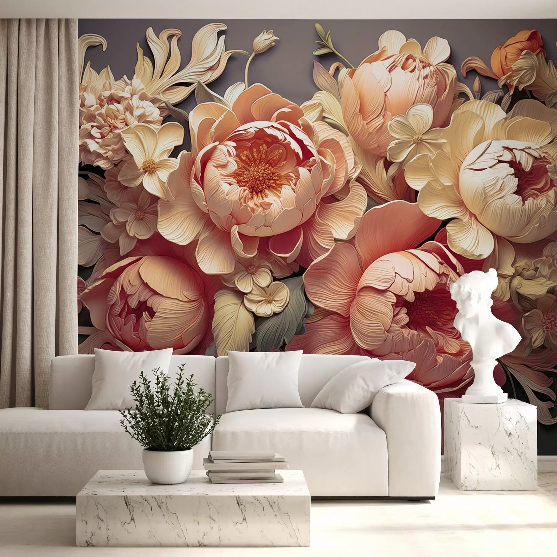 murales de pared Arreglo floral en 3D con peonías rosa-beige y rosas estilo Rococó sobre fondo oscuro w01933