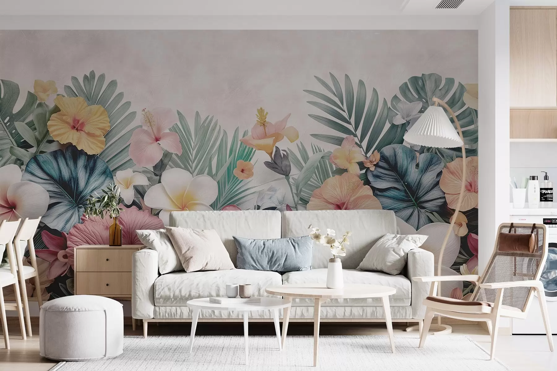 murales de pared Variedad de flores en hojas tropicales w01897