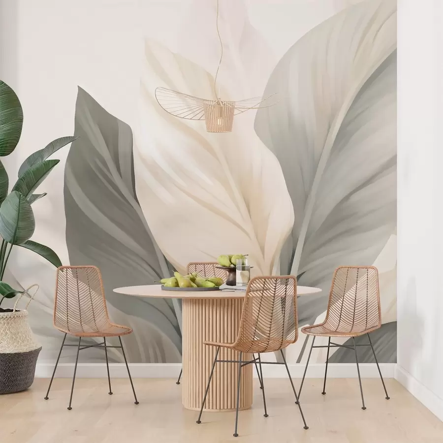 murales de pared Hojas beige y grises sobre fondo claro w02217