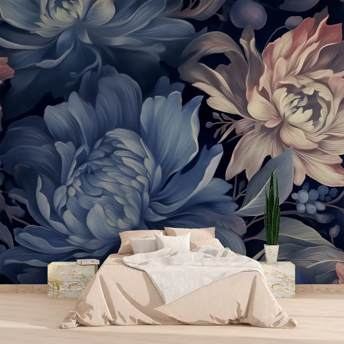 murales de pared Fondo azul oscuro con grandes peonías w02218