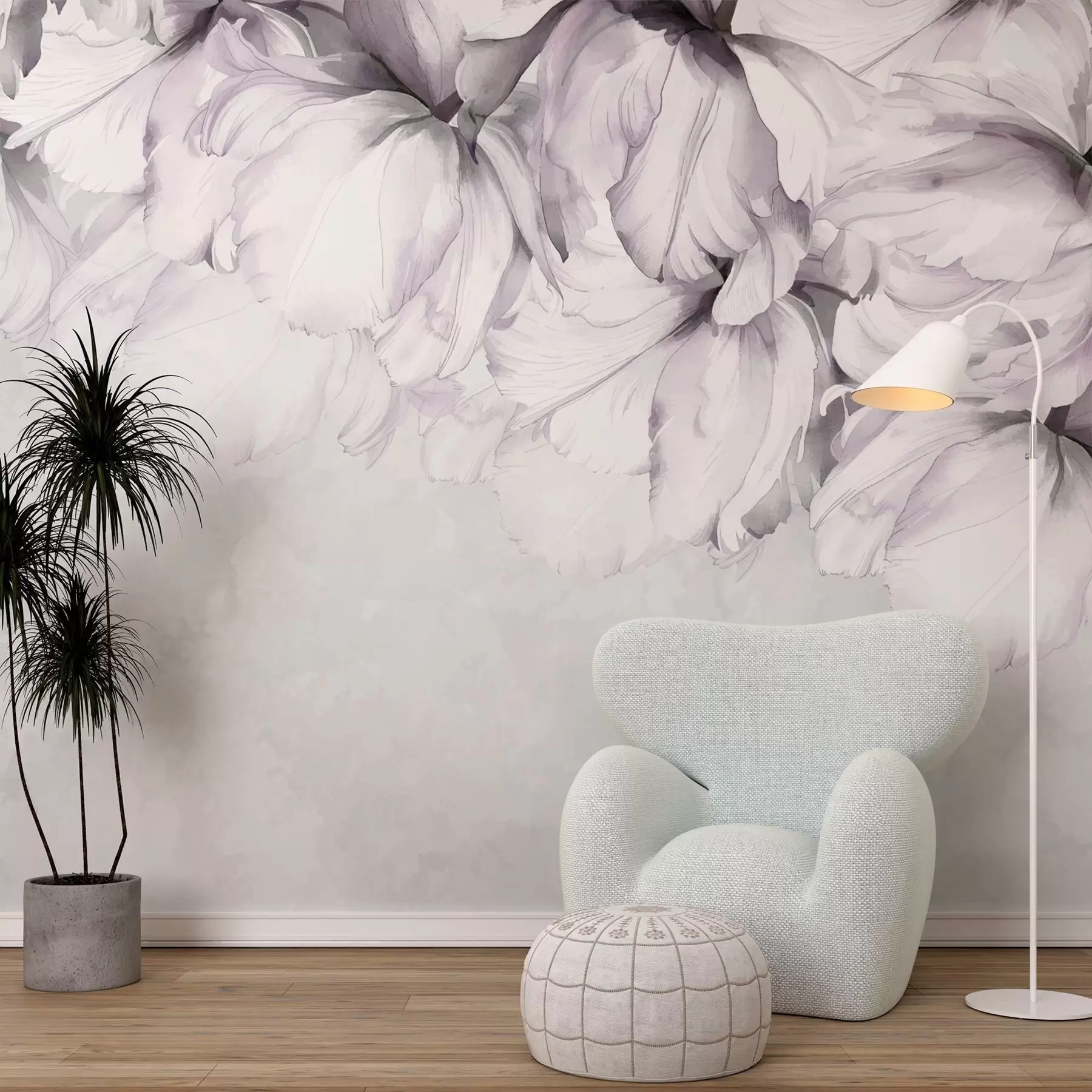 murales de pared Flores delicadas de color rosa claro sobre fondo gris w02280