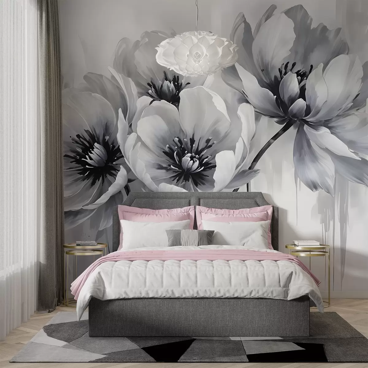 murales de pared Flores de tulipán monocromas con pétalos suaves y difuminados sobre un fondo claro w08418