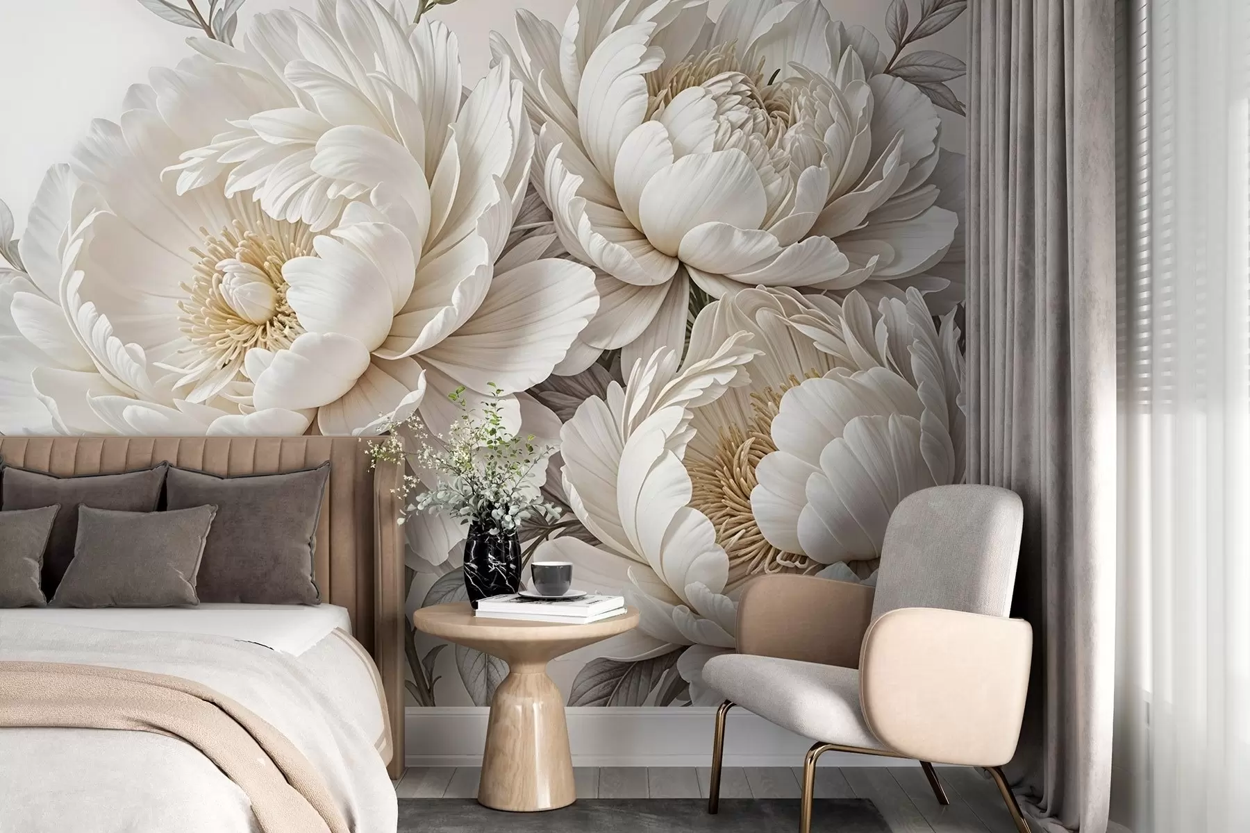 murales de pared Delicadas peonías blancas pastel con exuberante follaje sobre un fondo suave y neutro w08420