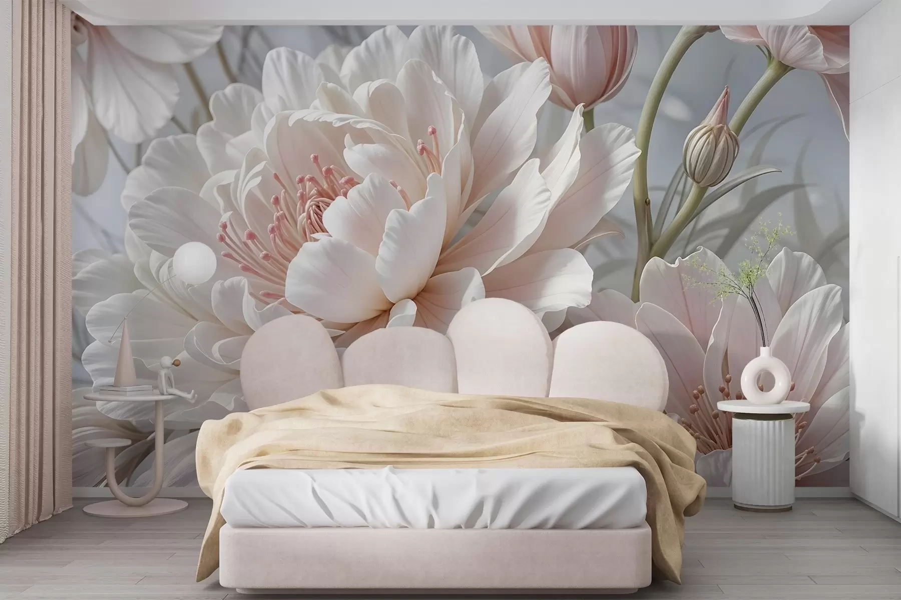 murales de pared Grandes y delicadas flores de peonía blancas y rosas con pétalos suaves y esponjosos sobre un fondo gris difuminado w08427